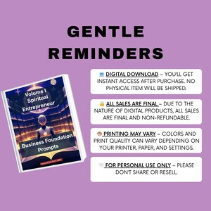 Puede incluir: Un producto de descarga digital titulado "Volume I Spiritual Entrepreneur Business Foundation Prompts" se muestra sobre un fondo morado. La imagen incluye texto sobre descargas digitales, ventas, impresi&oacute;n y uso personal.