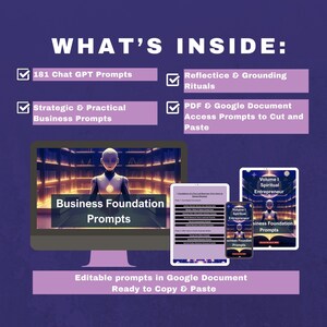 Puede incluir: Anuncio de un producto de marketing digital. La imagen muestra un monitor de ordenador, una tableta y un smartphone que muestran el producto. El texto incluye "WHAT'S INSIDE:" y caracter&iacute;sticas como "181 Chat GPT Prompts" y "Strategic & Practical Business Prompts."