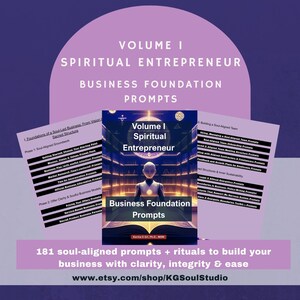 Puede incluir: Imagen de un libro titulado "Volume I Spiritual Entrepreneur Business Foundation Prompts" con una ilustraci&oacute;n futurista. La imagen incluye texto sobre indicaciones y rituales alineados con el alma para los negocios. Se ven p&aacute;ginas adicionales con texto.