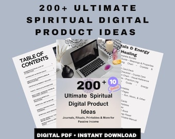 Puede incluir: Imagen promocional de productos digitales espirituales. El texto dice "200+ Ultimate Spiritual Digital Product Ideas". La imagen incluye un portátil, documentos y una vela. Los temas incluyen la manifestación y los cristales.