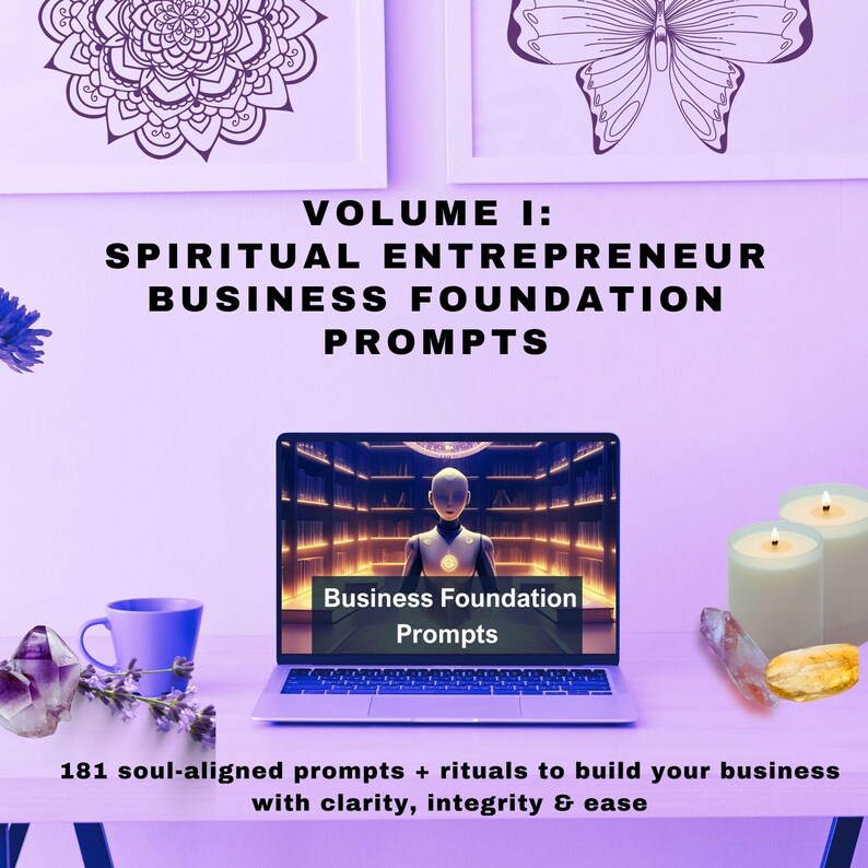 Puede incluir: Una computadora port&aacute;til muestra "Business Foundation Prompts" con el texto "VOLUME I: SPIRITUAL ENTREPRENEUR BUSINESS FOUNDATION PROMPTS". La imagen incluye una taza azul, cristales, velas y el texto: "181 indicaciones + rituales alineados con el alma para construir tu negocio con claridad, integridad y facilidad."