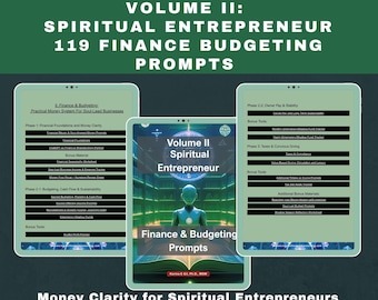 Puede incluir: Un producto digital titulado "Volumen II: Emprendedor Espiritual" con 119 indicaciones de presupuestación financiera. La imagen muestra tres tabletas que muestran el contenido del producto, incluidas secciones sobre finanzas y presupuestos.
