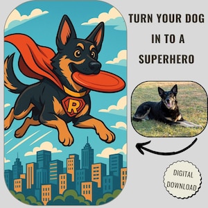 Custom Superhero Dog Portrait | Personalized Pet Cartoon | Flying Dog Art with Cape | Digital Download | Custom Dog Illustration