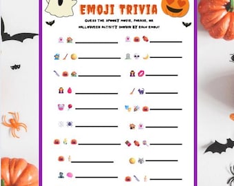 May include: A Halloween Emoji Trivia game sheet with a purple border. The sheet features a ghost, pumpkin, and bat decorations. The text reads "Halloween Emoji Trivia" and asks to guess the spooky movie, phrase, or Halloween activity shown by each emoji.