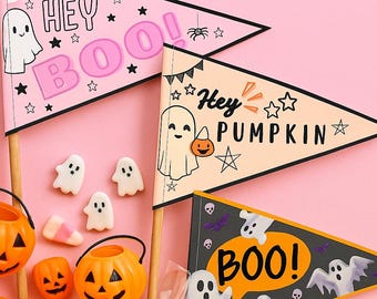 May include: A festive Halloween-themed arrangement on a pink background. Includes pennant flags with "Hey BOO!" and "Hey PUMPKIN" text, ghost and star illustrations, and orange pumpkin-shaped candy holders. Also features ghost-shaped candies.