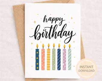 Printable Birthday Card, Colorful Candles, Happy Birthday Greeting (Instant Download)