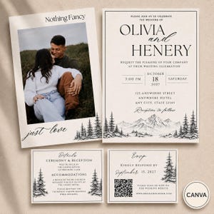 May include: A wedding invitation suite featuring a photo card with the text Nothing Fancy and just love, a main invitation for Olivia and Henery, a details card, and an RSVP card with a QR code. All cards feature black ink on cream paper.