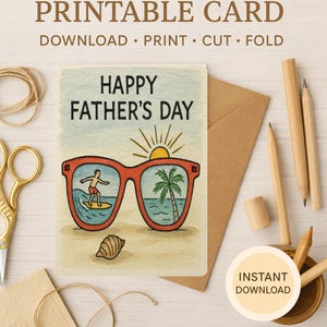Biglietto d'auguri per la festa del papà in spiaggia / Biglietto stampabile surfista / Biglietto digitale pieghevole 5x7 / Download immediato / Biglietto estivo