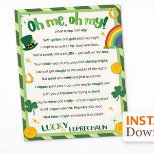 May include: A St. Patrick's Day themed printable with a green border, shamrocks, gold coins, a rainbow, and a leprechaun hat. The text reads "Oh me, oh my!" and "Lucky the Leprechaun." The words "Instant Download" are also visible.