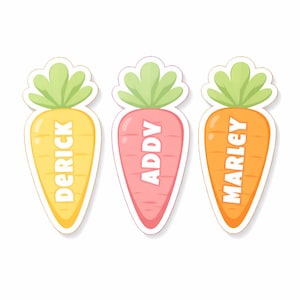 May include: Three carrot-shaped stickers with names: Derick, Addy, and Marley. Each sticker is a different colour: yellow, pink, and orange, with green leafy tops. The names are in white, stylized font.