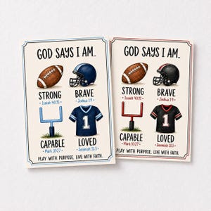 May include: Two rectangular cards featuring the text GOD SAYS I AM.. with illustrations of a football, helmet, goalpost, and jersey. The left card has blue accents, while the right card has red accents. Both include the text PLAY WITH PURPOSE. LIVE WITH FAITH.