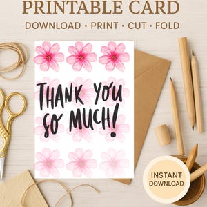 Cartão de agradecimento para impressão – Floral rosa “Muito obrigado” – Cartão dobrável 5x7 – Download instantâneo – Cartão de felicitações faça você mesmo