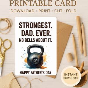 Le papa le plus fort de tous les temps | Carte drôle de fête des pères avec kettlebell | imprimable pliable 5 x 7 cm | Téléchargement instantané | Rien à redire