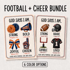 May include: Two rectangular posters titled FOOTBALL + CHEER BUNDLE. The left poster features cheer items with text GOD SAYS I AM, STRONG, BOLD, JOYFUL, CHOSEN. The right poster features football items with text GOD SAYS I AM, STRONG, BRAVE, CAPABLE, LOVED.