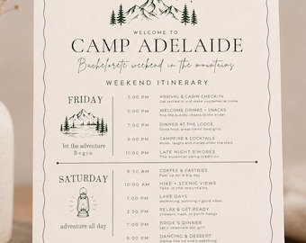 Camp Bachelorette Itinerary Template, Mountain Cabin Bach Weekend Planner (Digital Download)