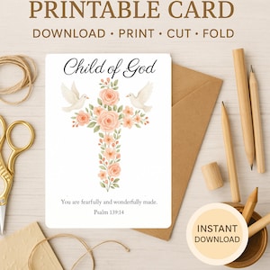 Tarjeta de Bautismo del Niño de Dios - Tarjeta plegable imprimible de 13x18 cm / Tarjeta cristiana / Salmo 139:14 / Descarga instantánea