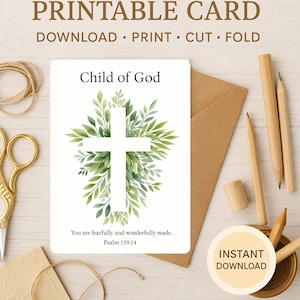 Tarjeta de Bautismo de Niño de Dios - Tarjeta plegable imprimible de 5x7 / Tarjeta cristiana / Salmo 139:14 / Descarga instantánea - Hecho con temor y maravillas