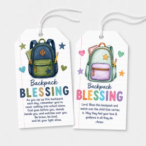 Etiquetas de bênção para mochilas, cartões de oração escolares para imprimir, presente cristão para a volta às aulas