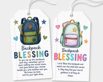 Etiquetas de bendición para mochilas, tarjetas de oración escolares imprimibles, regalo cristiano para la vuelta al cole