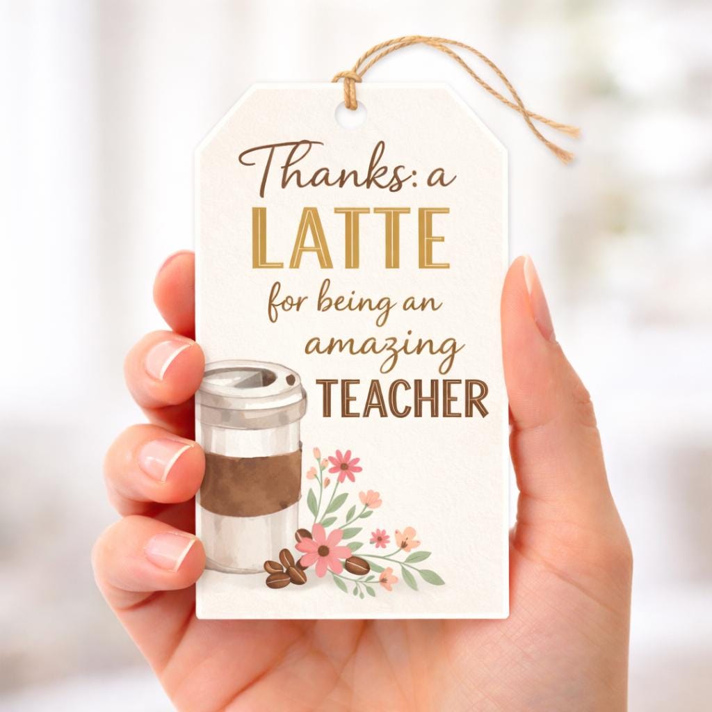 Thanks a Latte Teacher Gift Tag Coffee Gift Card Printable Appreciation ...