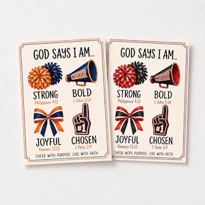 Könnte beinhalten: Zwei rechteckige Drucke mit dem Text GOD SAYS I AM... und Illustrationen von Pompons, Megafon, Haarschleife und Schaumstofffinger. Der linke Druck ist orange-blau, der rechte rot-schwarz. Jeder enthält entsprechende Bibelverse als Text.