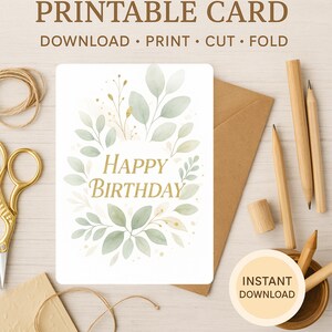 Cartão de Feliz Aniversário Botânico Elegante – 5x7 para Imprimir em Aquarela e Verde | Download Instantâneo