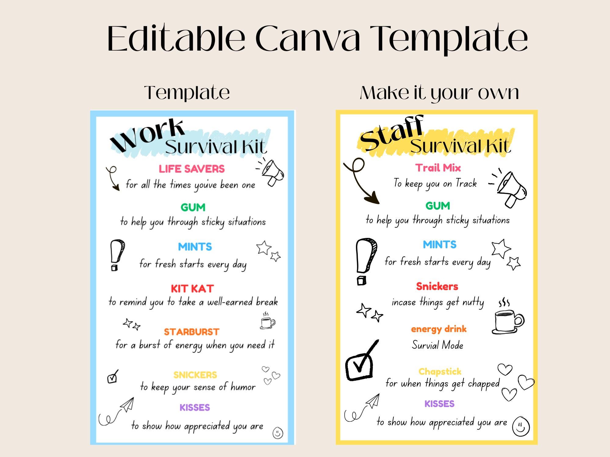 Editable Printable Team Survival Kit Staff Appreciation Candy Tag Gift ...