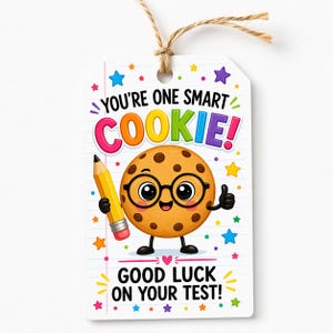 May include: A white gift tag with a cartoon cookie wearing glasses and holding a pencil. The tag reads "YOU'RE ONE SMART COOKIE! GOOD LUCK ON YOUR TEST!" with colorful stars and accents.