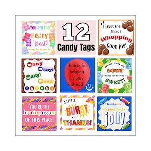 Peut inclure: Une feuille de 12 étiquettes de bonbons avec divers motifs et textes colorés. Les étiquettes comportent des phrases telles que "You are the Beary Best!", "Thanks for doing a whopping good job!" et "A little burst or thanks!"
