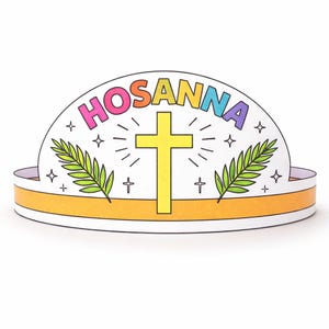 Puede incluir: Una corona de papel con la palabra "HOSANNA" en letras coloridas. Una cruz amarilla está centrada, con líneas radiantes y estrellas. Ramas de palma verdes y elementos decorativos completan el diseño. La corona tiene una banda naranja.