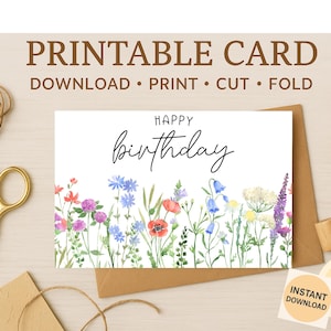 Cartão de aniversário para impressão – Jardim de flores silvestres em aquarela – Cartão dobrável 5x7 – Download instantâneo – Cartão de feliz aniversário floral