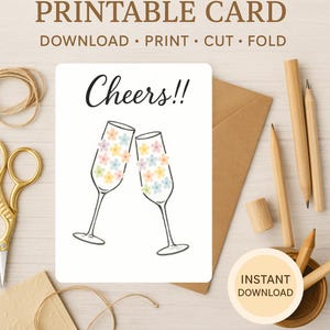 Bravo !! Carte de voeux imprimable – Verres à champagne fleuris | Carte pliable 5 x 7 cm | Téléchargement instantané pour une célébration, des félicitations ou des toasts