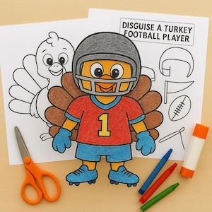 Könnte beinhalten: Ein farbenfrohes Bastelprojekt zum Thema Thanksgiving mit einer Truthahn-Figur als Footballspieler. Das Bild enthält eine Malvorlage mit dem Text "DISGUISE A TURKEY FOOTBALL PLAYER", Buntstifte, eine Schere und einen Klebestift. Der Truthahn trägt ein rotes Trikot mit der Nummer 1.