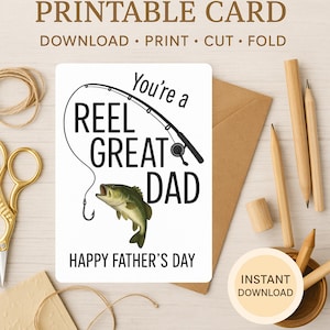 Tarjeta divertida para el Día del Padre / Tarjeta para papá pescador / Papá genial / Tarjeta plegable imprimible de 5x7 / Descarga digital instantánea