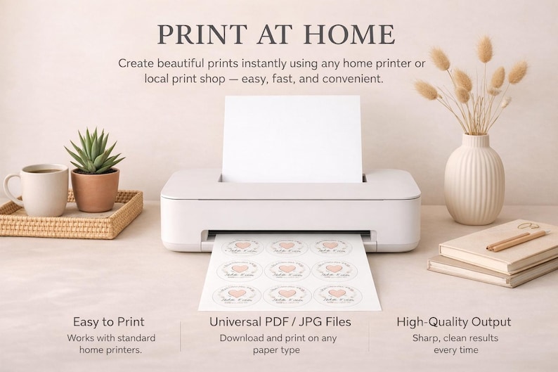 May include: A white printer is shown printing circular labels with a heart design. The image includes a coffee mug, a succulent, a vase with dried flowers, and books. Text reads "Print at Home" and describes the ease of printing.