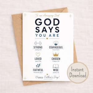 May include: A white greeting card with a brown envelope featuring the text To an Amazing Dad GOD SAYS YOU ARE and six icons representing Strong, Courageous, Loved, Chosen, Faithful, and Wise with Bible verses and Happy Father's Day text.