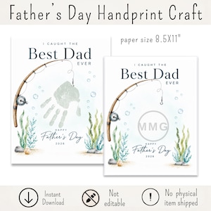 May include: Two white Father's Day handprint craft prints. Each print features a fishing rod design with the text "I Caught the Best Dad Ever" and "Happy Father's Day 2026". Paper size is 8.5 x 11 inches.