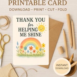Teacher Thank You Cards Printable, Printable Teacher Greeting Card, Teacher Appreciation Card, Thank You For Helping Me, Instant Download