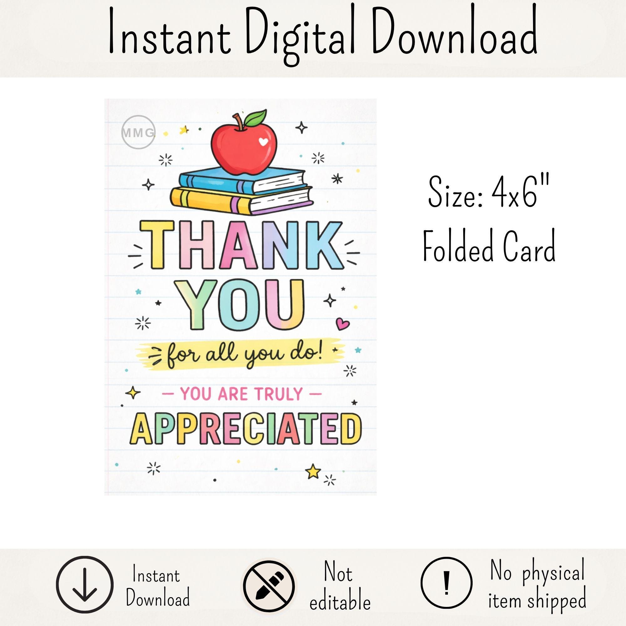 Teacher Appreciation Card, Thank You Note, End of Year Gift (printable ...