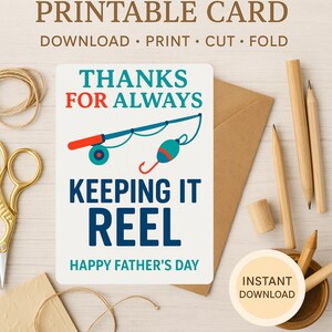 Tarjeta divertida para el Día del Padre / Tarjeta para papá pescador / Gracias por siempre tenerlo a mano / Tarjeta plegable imprimible de 5x7 / Descarga digital instantánea