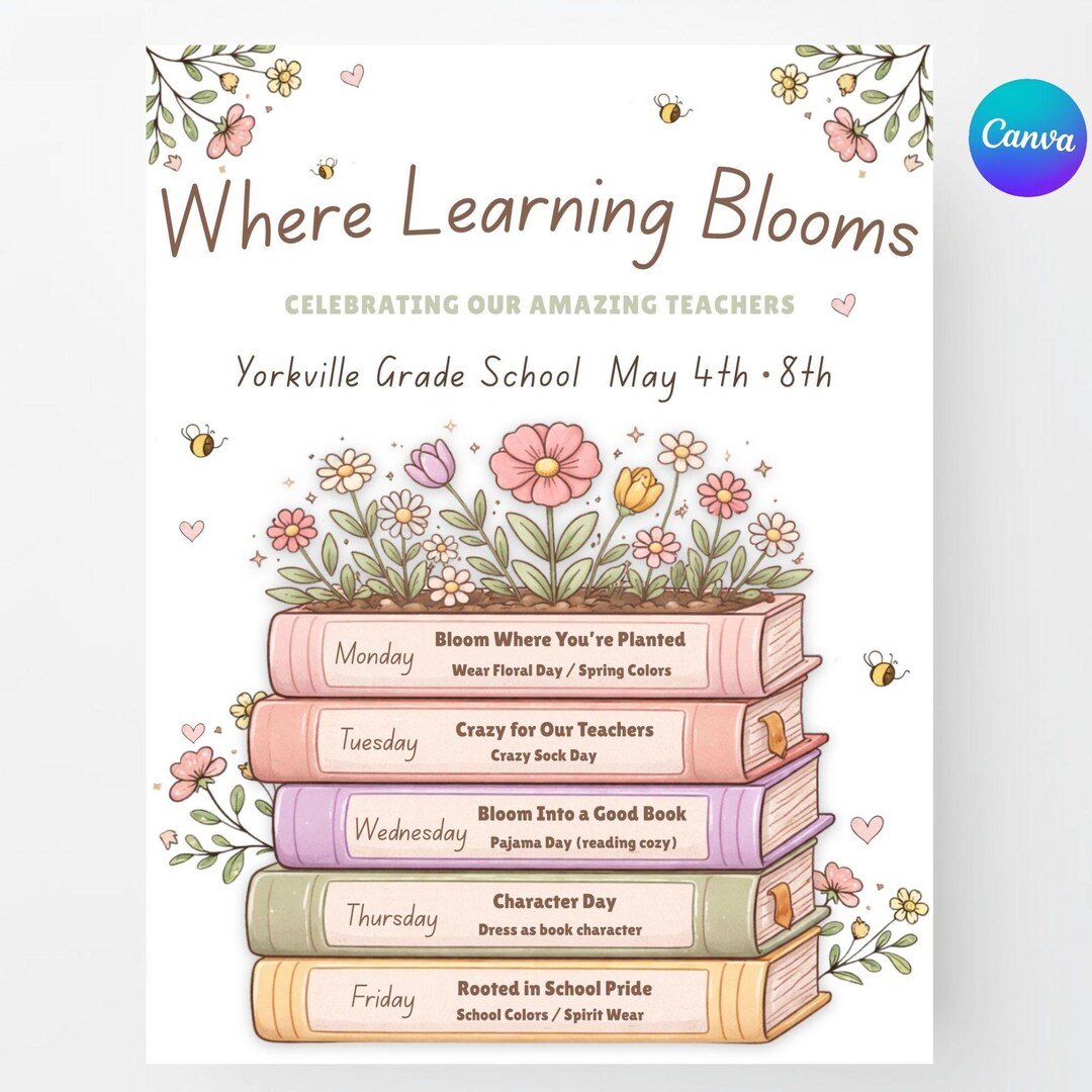 Teacher Appreciation Week Itinerary Flyer Editable Canva Template Bloom ...