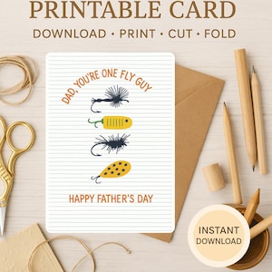 Tarjeta del Día del Padre de One Fly Guy / Tarjeta divertida para papá pescador / Tarjeta plegable imprimible de 5x7 / Descarga digital instantánea / Diseño de señuelo de mosca