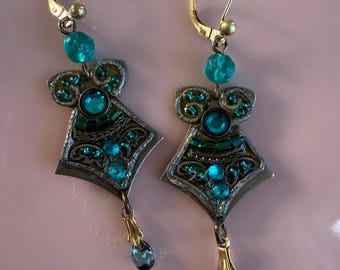 Handmade Vintage Artisan  Earrings with Aqua Crystals and Brass Leverbacks
