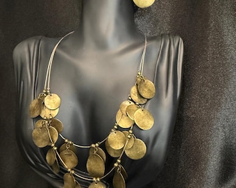 Vintage Hammered Disc Statement Necklace and Earring Set