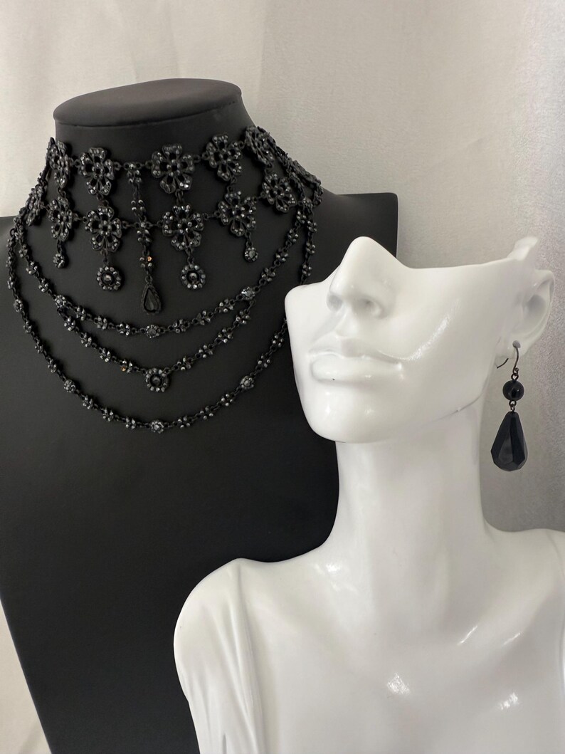 Victorian Gothic Black Beaded Statement Necklace and Earring Set ...