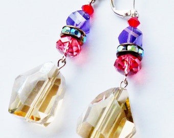 Light Champagne Cognac Faceted Crystal Earrings w/ Swarovski Royal Purple, Peach Pink, Ruby Retro Red, White AB Crystals