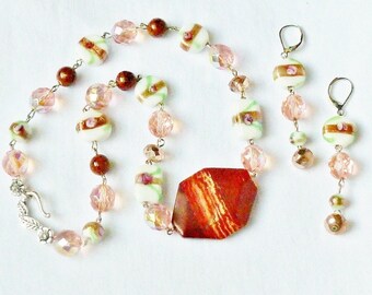 Red Jasper, Flower Gold Green Porcelain Beads, Peach Pink and Champagne Gold Taupe Faceted Crystals Necklace Earrings Set- Wired in Silver