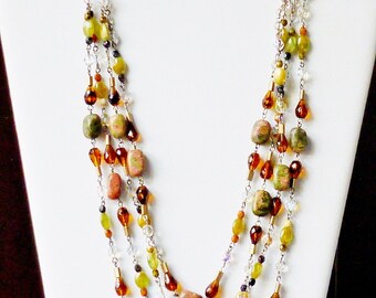 Unakite Stone, Clear Aurora Borealis and Dark Amber Crystals Necklace Earrings Set- Wired in Silver