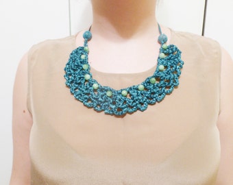 Teal Collar Crocheted Statement Necklace with Amazonite Semi-Precious Stone, Bib, Choker, Adjustable