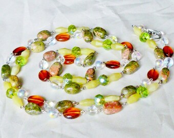 Long Strand Unakite New Jade Semi Precious Necklace Earrings Set  w/ Amber Glass and Faceted Clear and Green Crystals- Wired in Silver